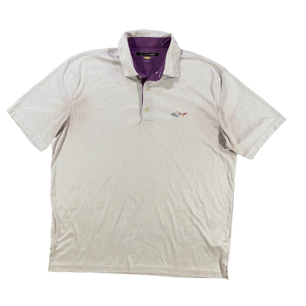 Greg Norman Play Dry Mens Large Purple White Micro Medallion Print Golf Polo